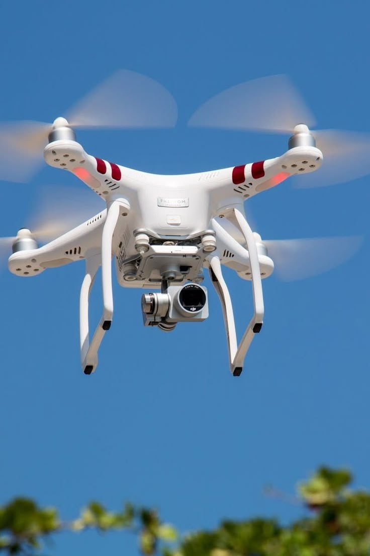 Camera drone hovering against a blue sky