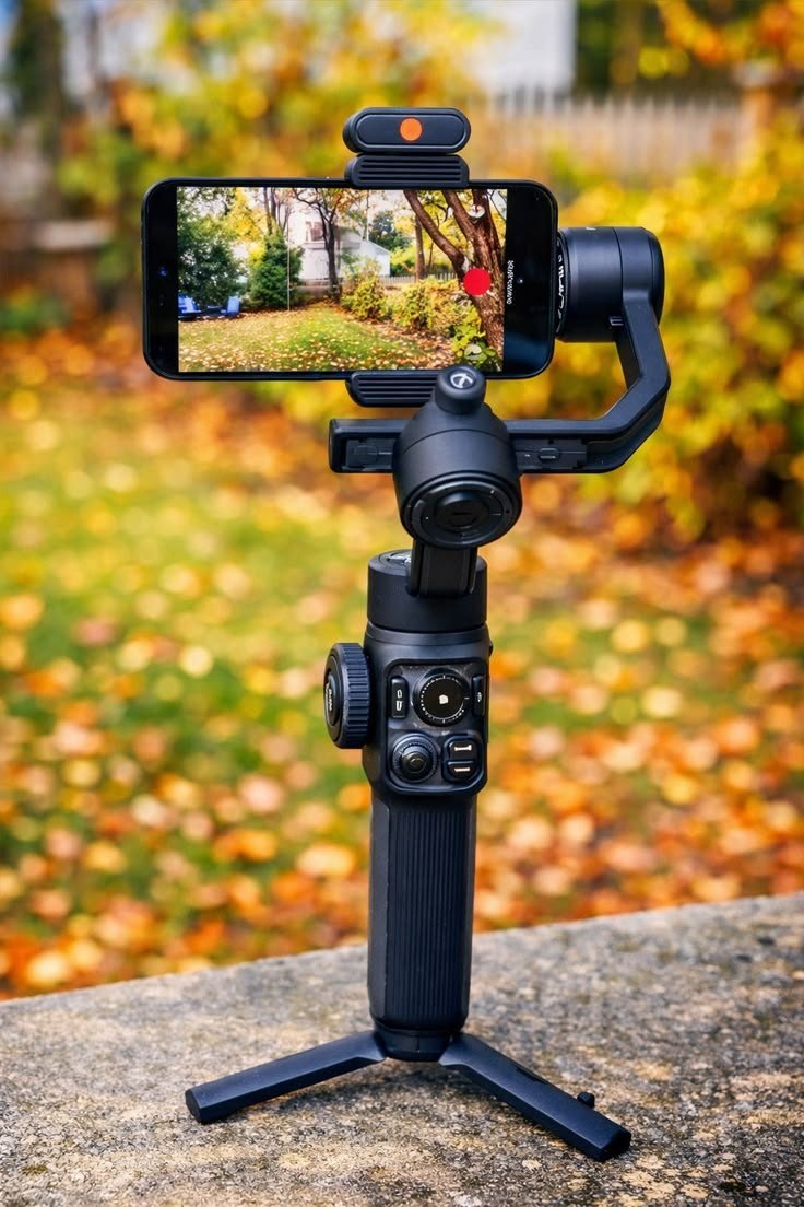 Phone on a handheld gimbal on a small tripod